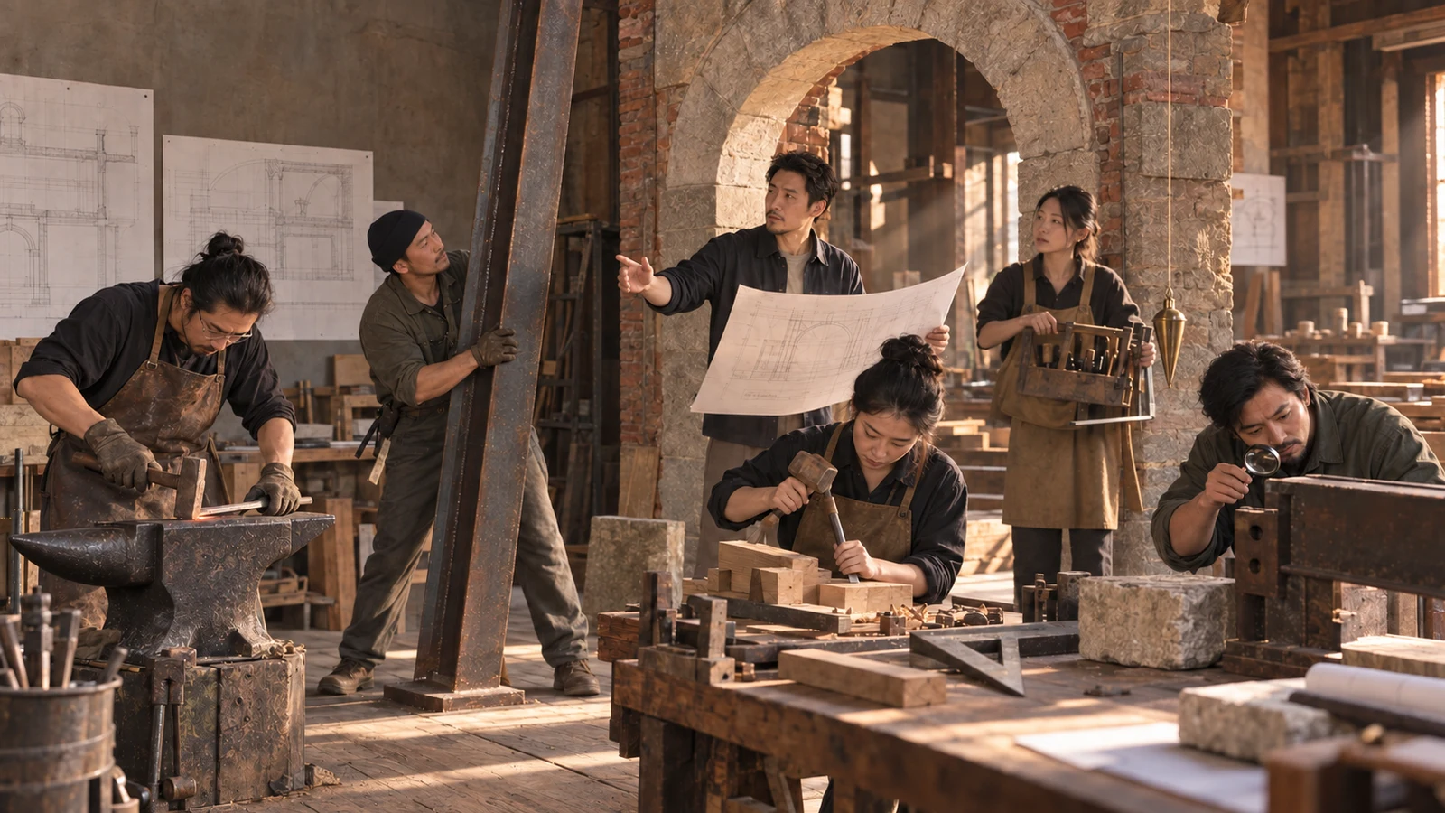 A workshop under a brick arch: drawings on the wall, an anvil, timber and cut stone on the benches