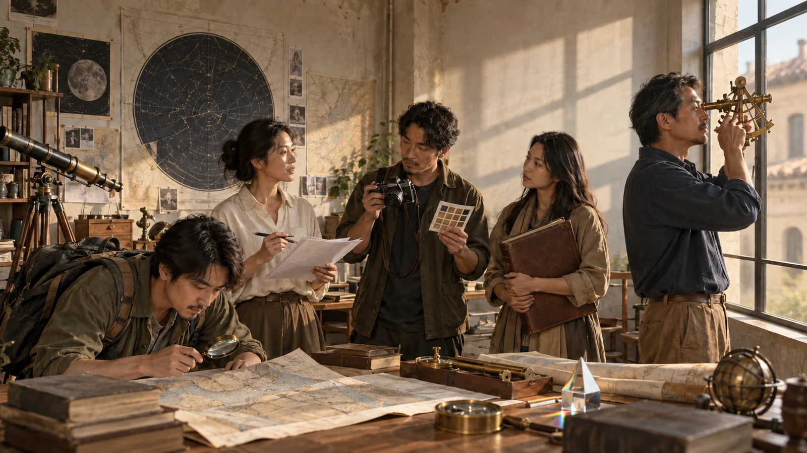 A room by a tall window: star charts on the wall, sea charts and measuring instruments on the table, someone sighting a sextant through the window